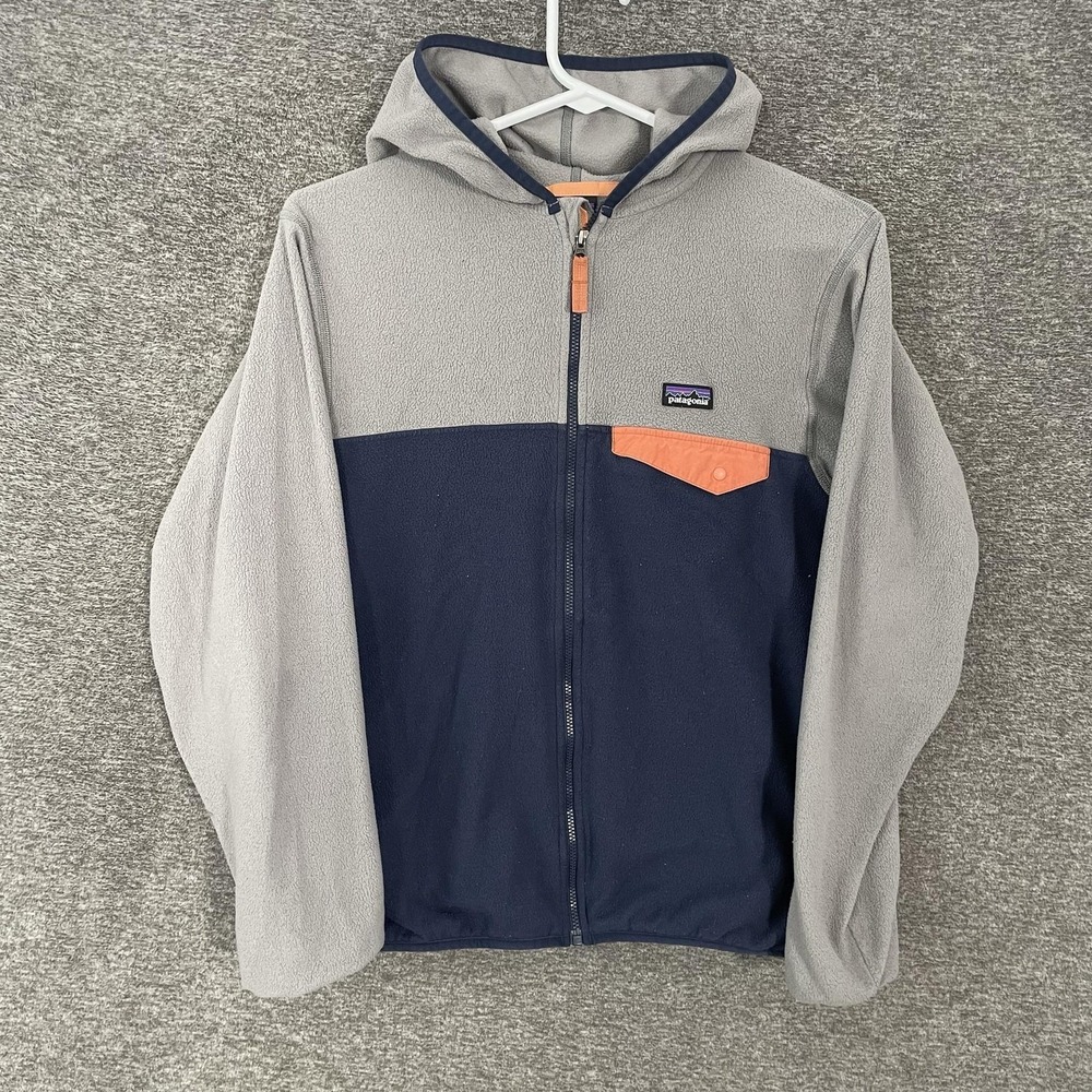 Patagonia Fleece Jacket Youth XL 14‎ Gray Blue Hooded Full Zip Colorblock